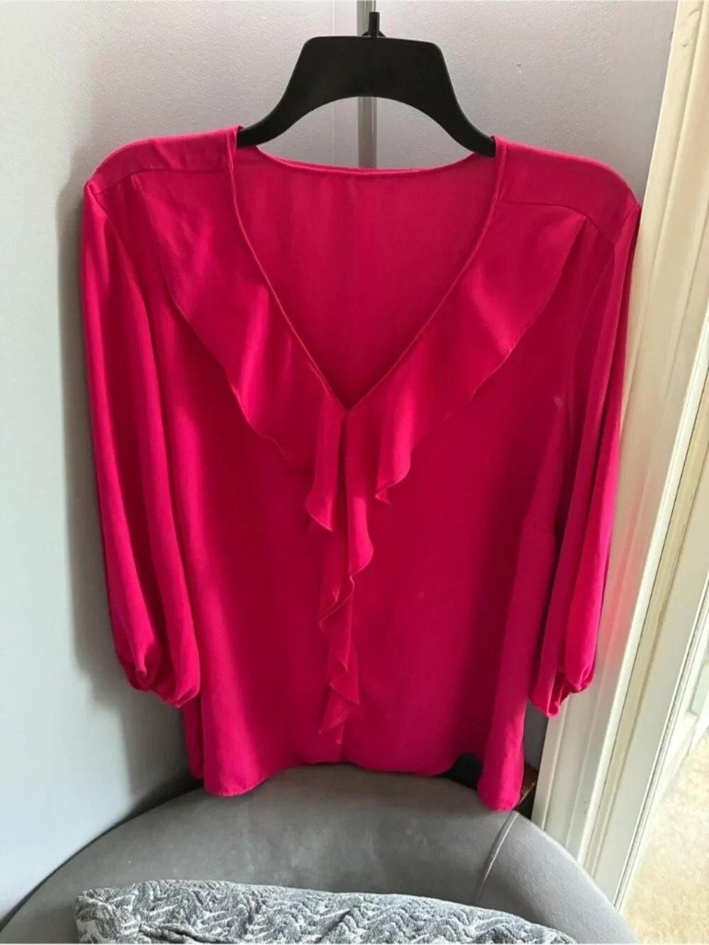 Fuchsia Ruffle V-Neck Women's Blouse - Picture 1 of 3